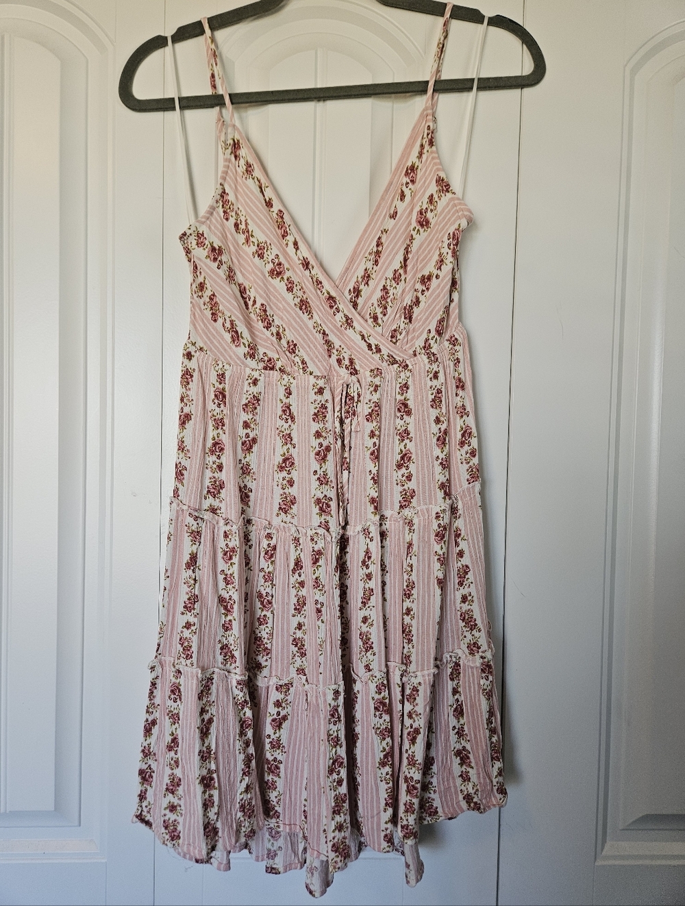 Promesa Pink Striped Floral Tiered Wrap Dress Large